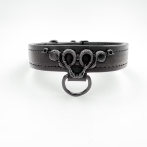 All Black Double Snake Collar Soft Black Leather BDSM Collar Traction