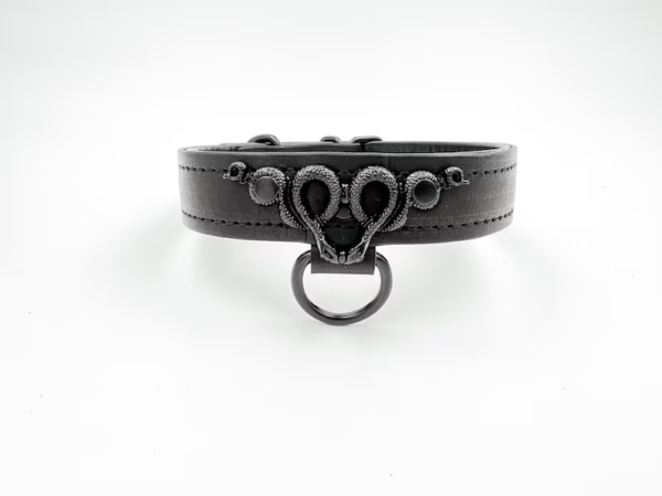 All Black Double Snake Collar Soft Black Leather BDSM Collar Traction