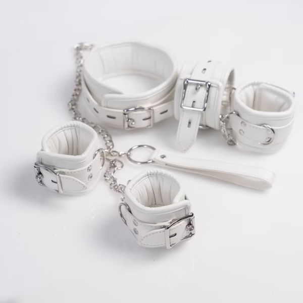 White BDSM Leather Set, Bdsm Collar, bdsm hancuffs and ankle cuffs, Bdsm wrist cuffs, collar and leash - Image 3