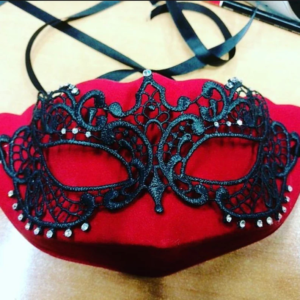 Enchanting Red and Black Lace Masquerade Mask with Rhinestone Embellishments