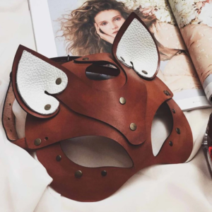 Leather brown female fox mask White ears Kitsune rave festive fetish sex play Game Steampank party Unisex Cat animal face Woman kitty