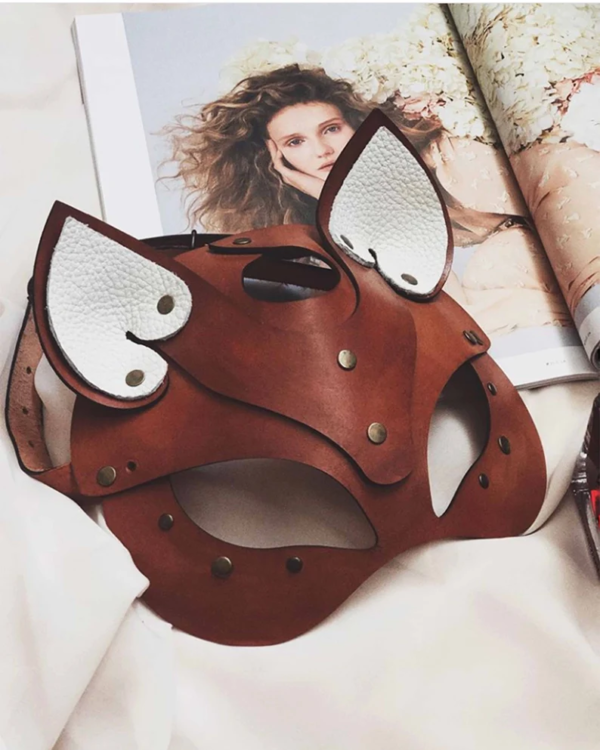 Leather brown female fox mask White ears Kitsune rave festive fetish sex play Game Steampank party Unisex Cat animal face Woman kitty