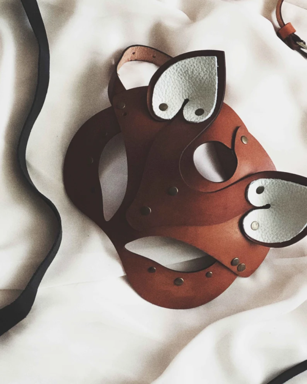 Leather brown female fox mask White ears Kitsune rave festive fetish sex play Game Steampank party Unisex Cat animal face Woman kitty - Image 2