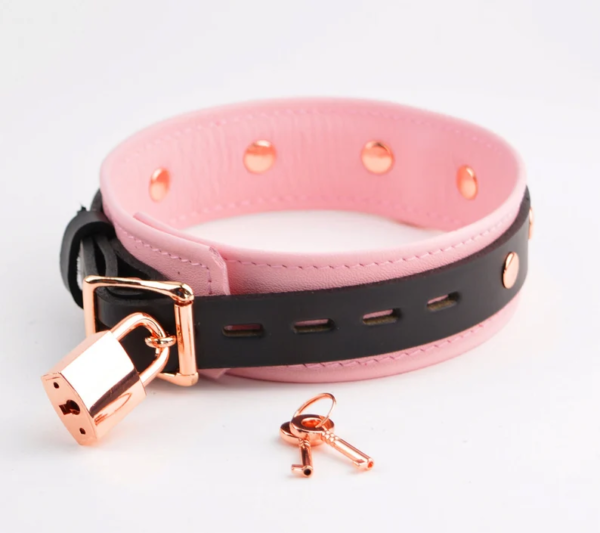 Deluxe Blush Pink Leather & Rose Gold BDSM Collar | Handcrafted Submissive Bondage Collar - Image 3